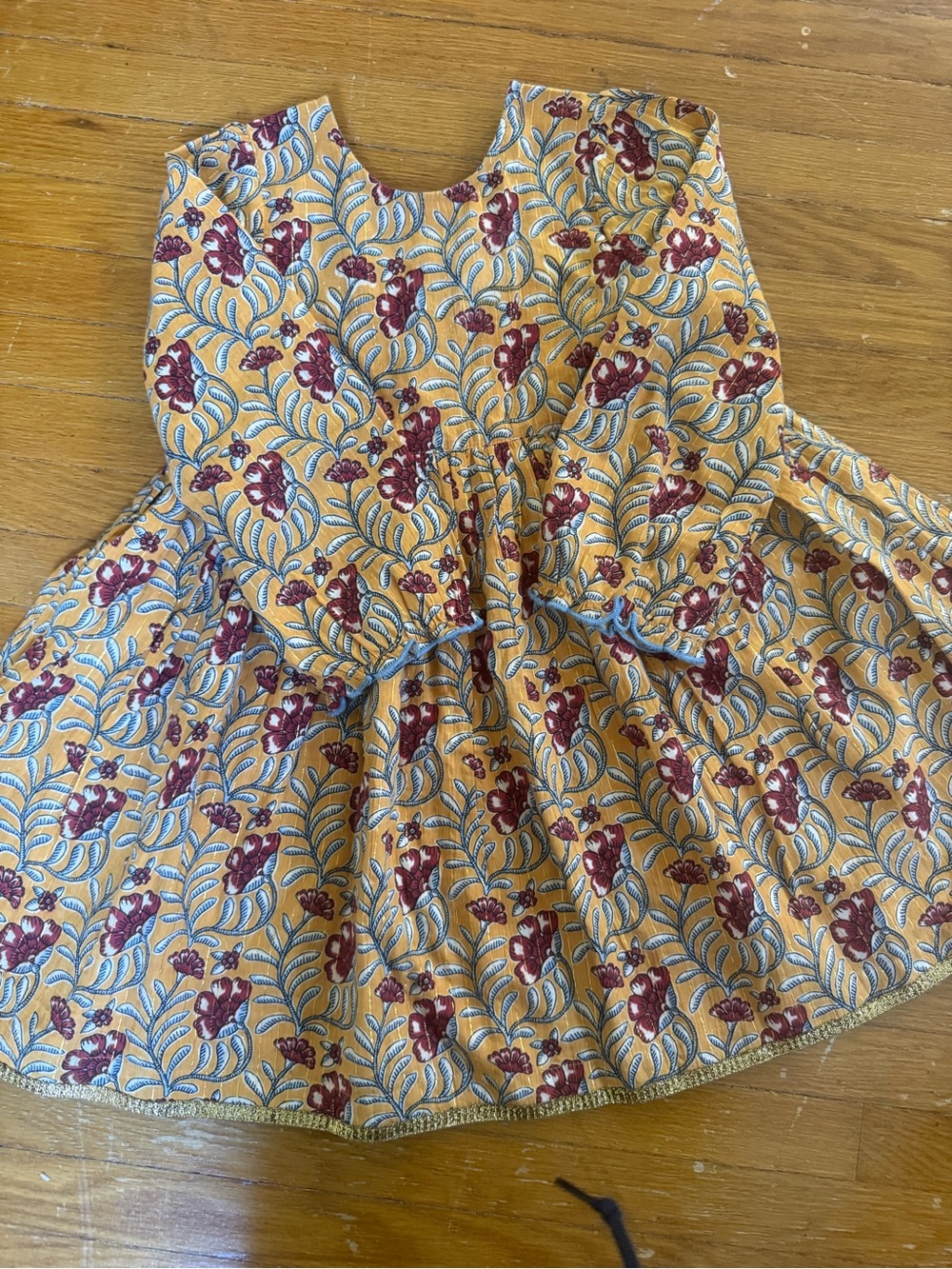 Pink Chicken Mustard Yellow Floral Dress with Red and Blue Print